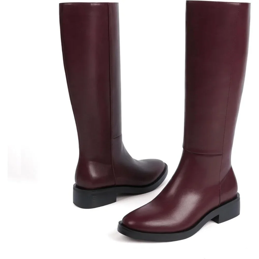 Women Polyurethane Burgundy Round Toe Flat Heel Side Zipper Knee High Tall Boots